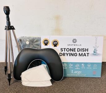 Rubber Tote Bag, (2) Spotwells Stone Dish Drying Mats (Large), Sprinkler Tripod, and Nail Arm Rest