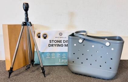 Rubber Tote Bag, (2) Spotwells Stone Dish Drying Mats (Large), Knife Display Case and Sprinkler Tripod