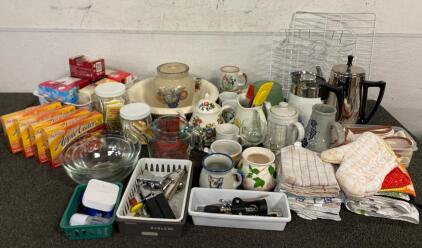 Pyrex Measuring Glasses, Glass Bowls, Presto Stainless Steel Electric Coffee Percolator, Ceramic Coffee Percolator, Mugs, Tea Pot, Bottle Openers, Teas And More
