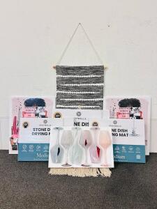 (3) Spotwells Stone Dish Drying Mats Large & Medium, (2) Canvas Wall Art Frames, and (1) Hanging Fabric Wall Decor