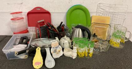 Kitchenware Including, Hamilton Beach Electric Teapot (Works), Glassware, Tupperware, Utensils, Cutting Boards, Platters, Pans And More
