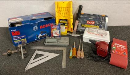 Tool Lot Including, Bosch Planer, RYOBI Drill Bit Kit, Hammer, Sanding Belts, Coleman Air Pump, Safety Radiator Cap, And More