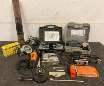 Vintage Stanley Bailey No. 32 Transitional Plane, (2) Vinatge Craftsman Sabre Saws, RYOBI Sheet Sander, Chicago Electric Multi-Fuction Tool, Rockwell 4-1/2" Compact Circular Saw, 4-1/2&rdquo; Angle Grinder And Doweling Jig