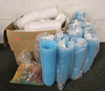 Box of White Coffee Lids, Blue Ice-cream Cups w/Colorful Spoons