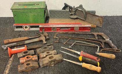 Ammo Box, Miter Box, Hammers, Levelers, Saws, Sledgehammer Heads & More