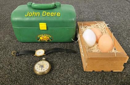 Vintage Kids John Deere Lunch Box, (2) Antique Watches, Egg Decor