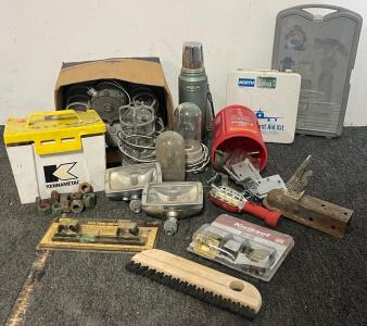 Tools & Parts Including Vintage Industrial Light Fixtures, Car Parts, Bolts, Nuts, Washers, Leveler, Measuring Tape & More