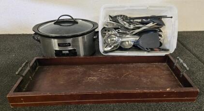 Crock Pot, Plastic Container of Serving Spoons/Spatulas, Wood Tray 28.5" x 10.5" x 2.5"