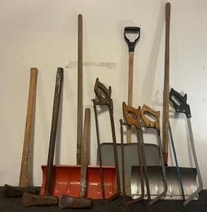 (3) Splitting Mauls, (4) Vintage Saws & (3) Snow Shovels