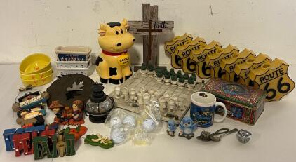 Home Decor Including Glassware, Route 66 String Lights, Checkers Set & More