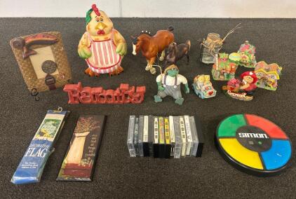 Mixed Lot: (1) Ceramic Chicken, (1) Simon Says Game, Figurines (Various Bear and Easter), Cassettes-Veggie Tales and Other Artists and more!