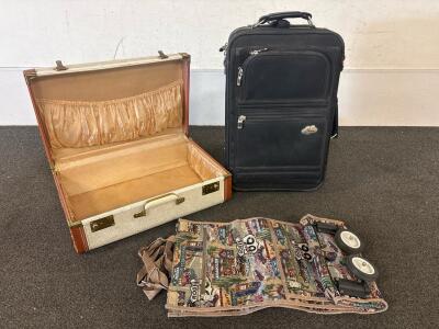 (1) Roller Suitcase-Black (Zippers all tested and work), (1) Vintage Suitcase (Clasps work), (1) Route 66 Collapsible Roller Bag