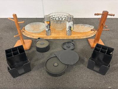Assorted Kitchenware/Bar Top Items, (1) Set Glass Rimmer, (1) Cutting Board-approx dimensions 38&rdquo;x12&rdquo;, (2) CharBroil Smoker Tubes, (2) Coffee Mug Stands, (3) Bowls/Dishware, (2) Jim Beam Bar Top Containers