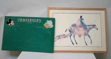 Vintage Walt Disney Chalkboard 36" x 24", Native American Woman And Child On Horse Wall Hanging 32" x 42 1/2"
