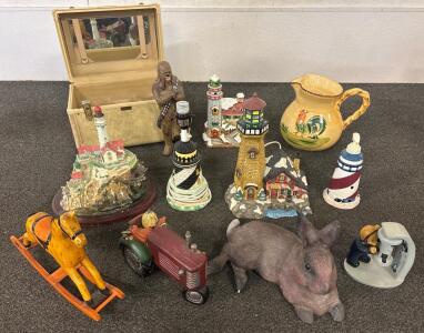 Collection of Decorative Figurines: (2)Lighthouse Lamps(power tested and work), Pitcher, Chewbacca, Rocking Horse and more!