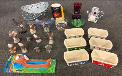 Assorted Decorative Household Items: (1) Metal Bucket, (1) Hot Dog Slicer, (11) Eagle Figurines, (6) Bread Loaf Pans and more!