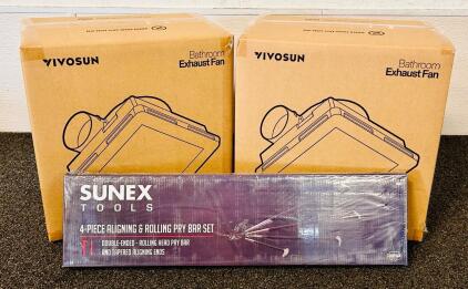 (2) Vivosun Bathroom Exhaust Fans With LED Lights and (1) Sunex Tools 4-Piece Aligning And Rolling Pry Bar Set