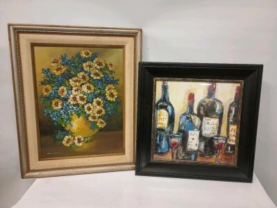 1 Flower Painting By Yllescas 25 1/2" x 32", 1 Painting Of Wine Bottles Unknown Artist