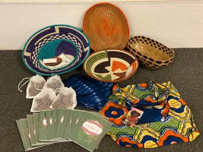 Full Circle Exchange Rwanda Handmade African Woven Goods Including, Baskets, Fabric Bag, Sarong, Ornaments And Cards