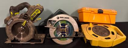 (1) Master Mechanic Circular Saw (1) Black And Decker Circular Saw (1) Power Cord Caddy (1) Small Fishing Tackle Box