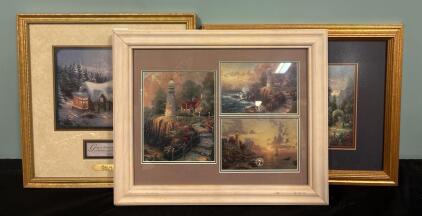 Thomas Kinkade Wall Art &ldquo;Peace On Earth&rdquo; With Authenticity Certificate 14.5x14.5&rdquo; &ldquo;A New Day Dawning&rdquo; With Authenticity Certificate 16x13.5&rdquo; (1) Framed Lighthouse Thomas Kincade Collage