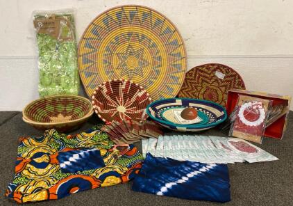 Full Circle Exchange Rwanda Handmade African Woven Goods Including, Baskets, Roundal, Fabric Bag, Sarong, Aprons, Ornaments And Cards