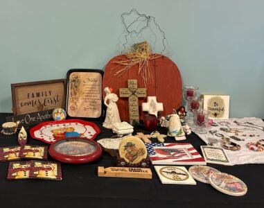 Antique And Jewlery Lot Including Coasters Crosses Signs and More