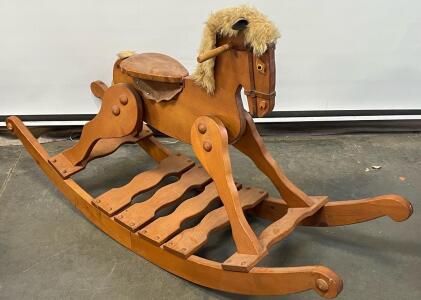 Vintage Wooden Rocking Horse W/ Faux Fur Mane & Tail