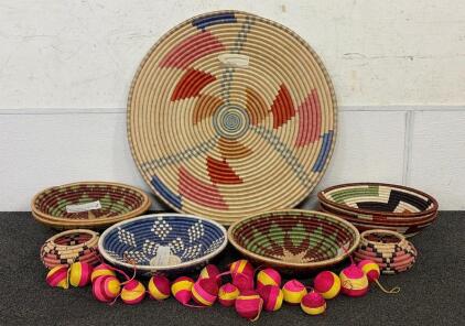 African Handwoven Baskets Set, Traditional Patterns, Multiple Colors