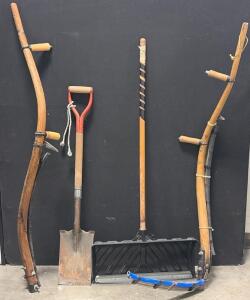(2) Sythes One With An Extra Blade, (1) Snow Shovel, And (1) Shovel