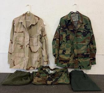 Military Apparel Set: Trousers, Skirt, Woodland Camouflage Coveralls