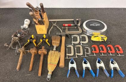 (20+ Pieces) Assorted Hand Tools & (3) Chevrolet Hubcap, Various Wood/Metal/Plastic Tools/Clamps