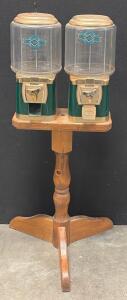 Vintage Silent Sales Force (SSF) Double Gumball And Candy Vending Machine On A Wooden Stand