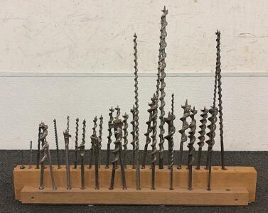 Vintage Auger Drill Bits In A Wooden Holder
