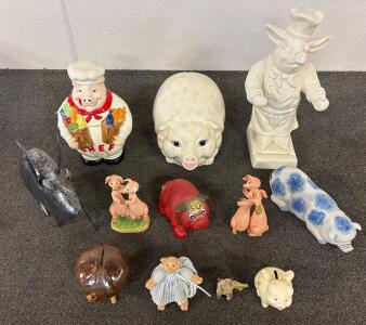 Diverse (12+ Piece) Pig Figurines Collection, Ceramic and Metal, Various Designs