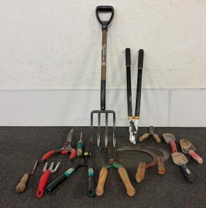 Landscaping Hand Tools Including Shears, (2) Hand Scythes, Hand Shovels, And So Much More
