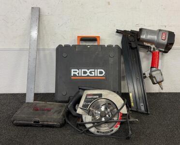 (1) Craftsman 7-1/4 Inch Corded Circular Saw, (1) Ridgid R250AFF 15-Gauge Angled Finish Nailer, (1) Senco FramePro 602 Full Round Head Framing Nailer, And So Much More!!