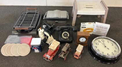 Assorted Vintage and Household Items Collection, Includes (2) grills (both power tested and work) (1) Rotary Phone, (2) Clocks, (2) Irons (both power tested, white/black works, silver/black does not)