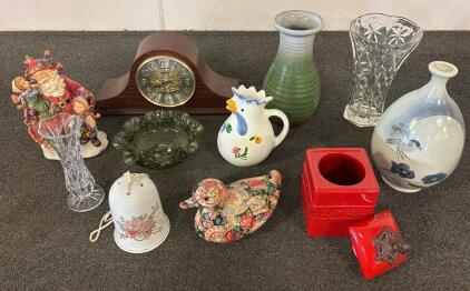 Eclectic Decorative Set with Clock, Figurines, Vases, and More