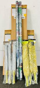 Household Bundle Including: (4) Cordless Roller Blinds (Sizes Displayed In Images), (2) Rolls Of Static Cling Window Film, (3) Microfiber Ceiling Fan Dusters, and (3) Telescoping Pole Dusters