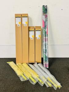 Household Bundle Including: (4) Cordless Roller Blinds (Sizes Displayed In Images), (2) Rolls Of Static Cling Window Film, (3) Microfiber Ceiling Fan Dusters, and (3) Telescoping Pole Dusters