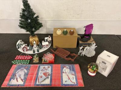 Christmas & Winter Decoration Set with (1) Disney Snow Globe, (1 pair) Kamik Boots-KIDS Size 12, (1 Box) 40 Piece Ornament Set-Tan/Brown/Green, (1) Coca-Cola Polar Bear Puzzle, (1) Light-Up Christmas Tree with Base (power tested and works) and more!