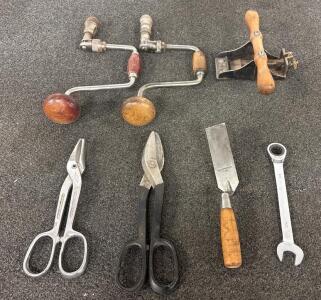 Vintage Hand Tools Set: (2)Brace Drills, (2)Snips, (1)Chisel, (1)Wood Plane, (1)Wrench