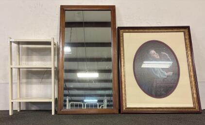 (1) Large Wood-Framed Mirror 72" x 36" (183 cm x 91 cm), (1) Framed Artwork 36" x 48" (91 cm x 122 cm), (1) White Wood Shelf 36" x 18" x 12" (91 cm x 46 cm x 30 cm)