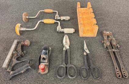Vintage Hand Tools Collection: (2)Brace Drills, (2)Scissors, (2)Plane, (1)Bolt Cutter