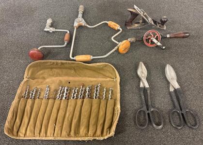 Vintage Hand Tools Set: (1)Plane, (3)Drills, (2)Snips, (1)Auger Bit Set