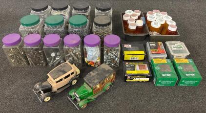 Mixed Lot of Fasteners/Nails/Screws and (2) Toy Car Models, Various Brands, 20+ Containers and more
