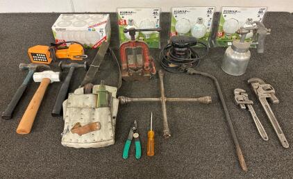 Assorted Tool Set (15+ Pieces) including (1) Craftsman Sander (power tested and works),(2) Pipe Wrenches, (1) Tool Belt with Battery Phone, (3) Hammers, (15) Light Bulbs, (1) Paint Sprayer and (1) Clamp, Approx. 5 inches