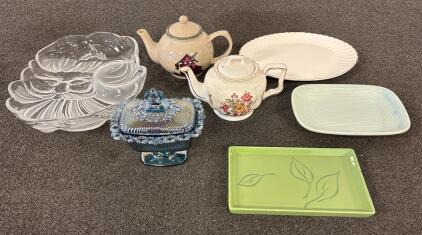 (7) Assorted Glassware- Serving Plates/Dishes, Teapots with Lids