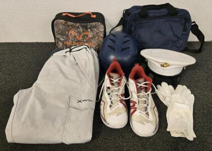 Air Zoom 10.5 Shoes, Arctix Snow Pants, Skate Helmet, Camo Lunch Box, Captain Hat w/ White Gloves, NRA Blue Bag